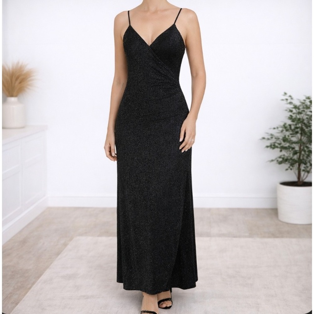 IF BY SEA Maxi Dress Small Black Silver‎ Metallic Lurex Wrap Evening Cocktail